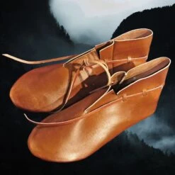 Handmade Replica Viking Shoes From York -The Viking Dragon an leather viking shoes from york together above angle