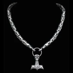 10mm Silver King Chain Necklace With Gotland Dragon Heads -The Viking Dragon bt 10mm silver king chain necklace with gotland dragon heads split ring large and ferocious thors hammer