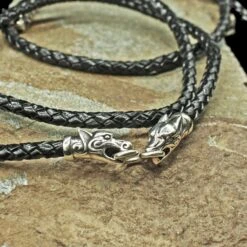 Braided Leather Necklace With Silver Ferocious Wolf Heads -The Viking Dragon bt 5mm braided leather necklace silver ferocious wolf heads