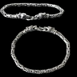 5mm Silver King Bracelet With Ferocious Wolf Heads 7 5mm Silver King Bracelet With Ferocious Wolf Heads -The Viking Dragon bt 5mm silver king chain viking bracelet ferocious wolf heads