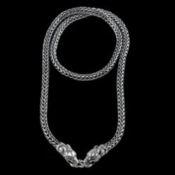 5mm Thick Silver Snake Chain Necklace - Ferocious Wolf Heads