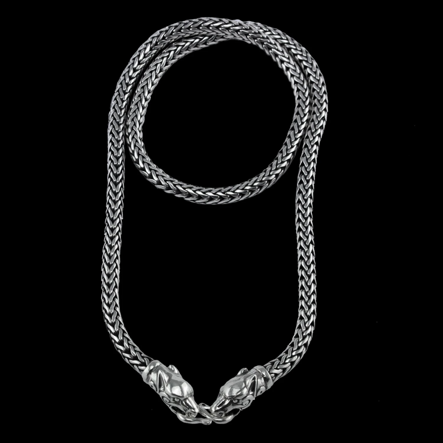 5mm Thick Silver Snake Chain Necklace - Ferocious Wolf Heads 3 5mm Thick Silver Snake Chain Necklace - Ferocious Wolf Heads