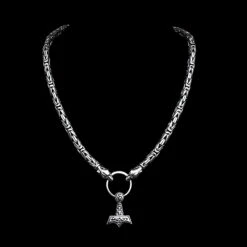 8mm Thick Silver King Chain Thors Hammer Necklace - Ferocious Wolf Heads -The Viking Dragon bt 8mm king chain ferocious wolf heads ad2 split ring