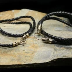 Braided Leather Necklace With Bronze Icelandic Wolf Heads