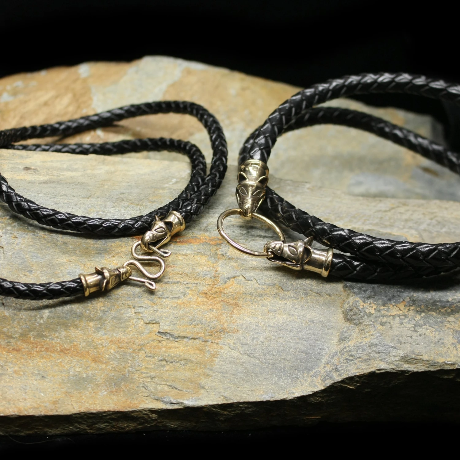 Braided Leather Necklace With Bronze Icelandic Wolf Heads 3 Braided Leather Necklace With Bronze Icelandic Wolf Heads