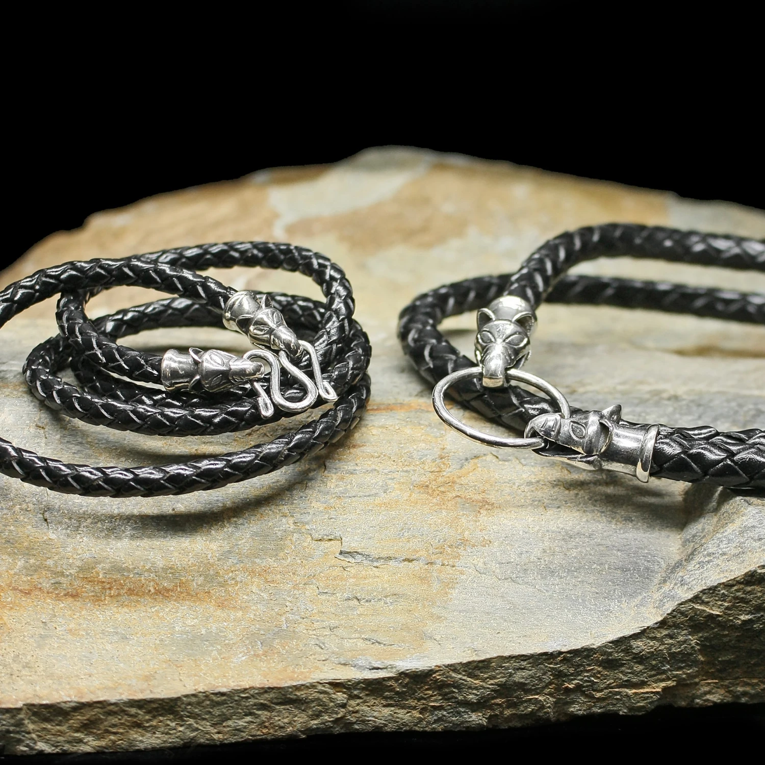 Braided Leather Necklace With Silver Icelandic Wolf Heads 3 Braided Leather Necklace With Silver Icelandic Wolf Heads