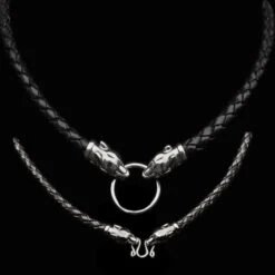 Braided Leather Necklace With Silver Ferocious Wolf Heads -The Viking Dragon bt braided leather viking necklaces silver ferocious wolf heads both widths
