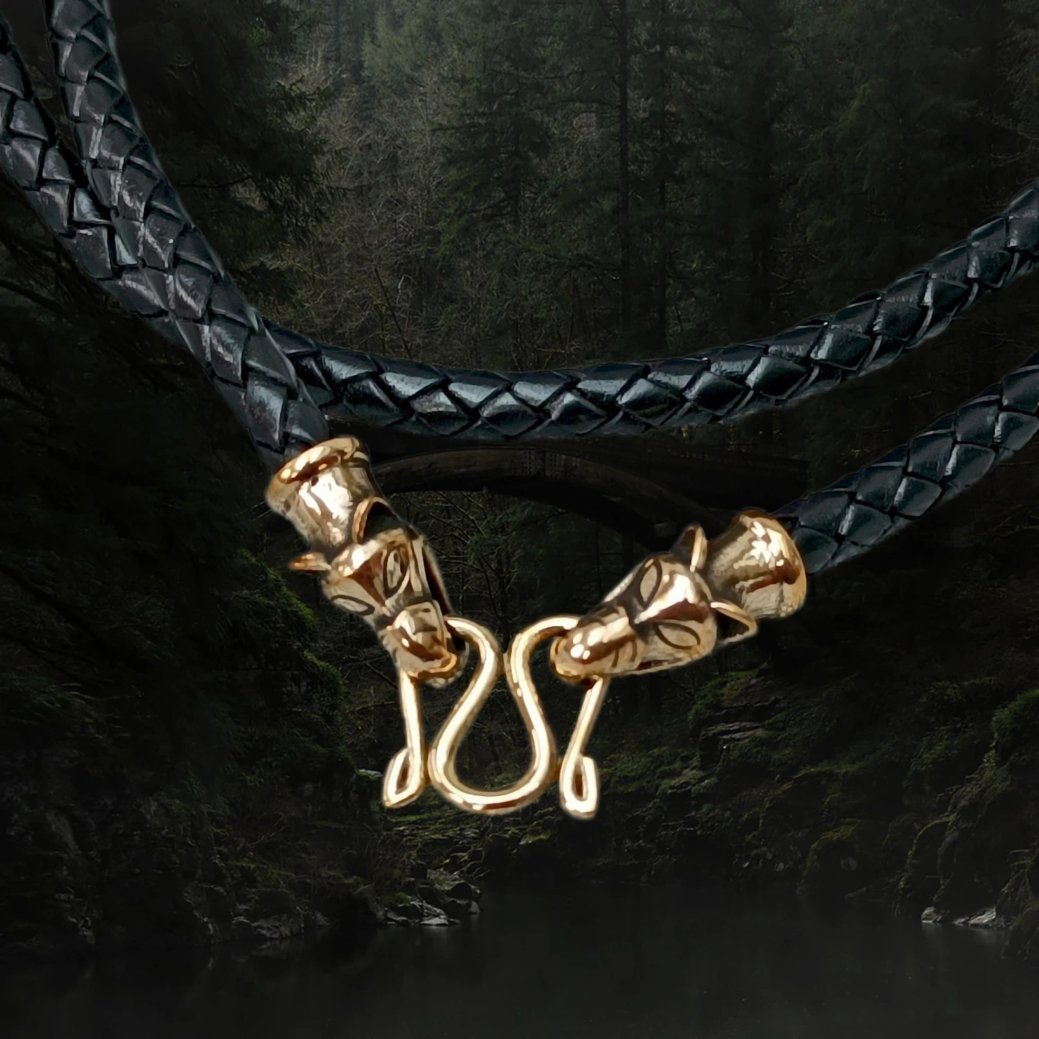 Braided Leather Necklace With Bronze Icelandic Wolf Heads 7 Braided Leather Necklace With Bronze Icelandic Wolf Heads - Image 5