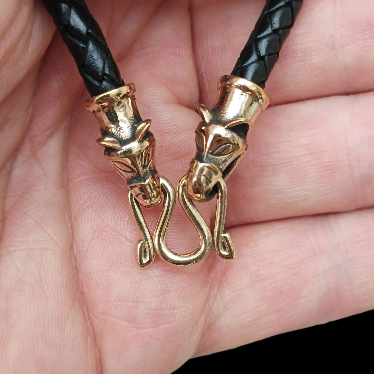 Braided Leather Necklace With Bronze Icelandic Wolf Heads 5 Braided Leather Necklace With Bronze Icelandic Wolf Heads - Image 3
