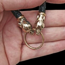 Braided Leather Necklace With Bronze Ferocious Wolf Heads -The Viking Dragon bt bronze 8mm braided leather necklace ferocious wolf heads split ring in hand