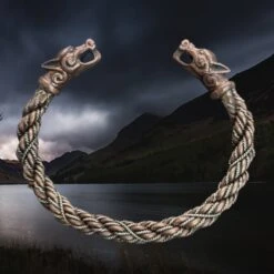 Handmade Twisted Bronze And Silver Arm Ring / Bracelet With Ferocious Wolf Heads