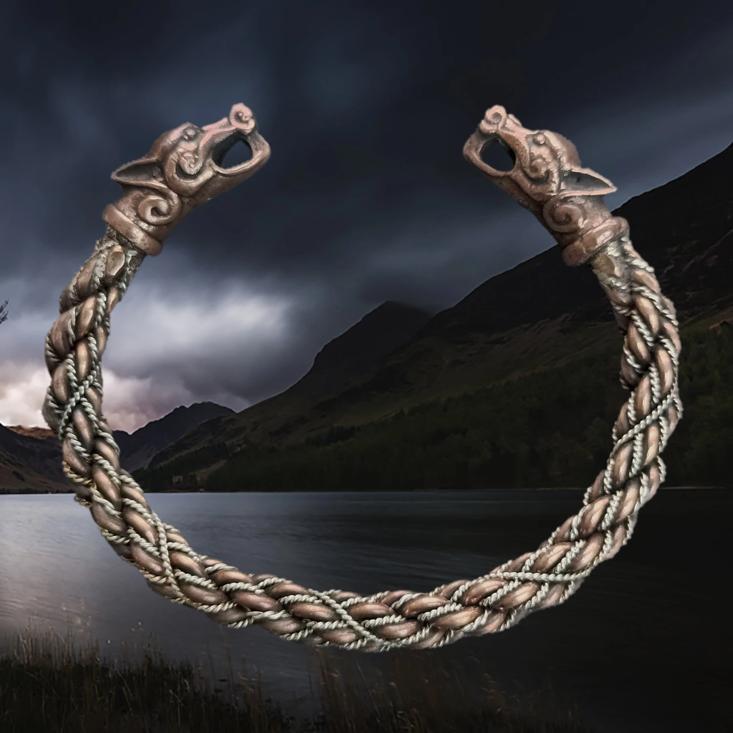 Handmade Twisted Bronze And Silver Arm Ring / Bracelet With Ferocious Wolf Heads 3 Handmade Twisted Bronze And Silver Arm Ring / Bracelet With Ferocious Wolf Heads