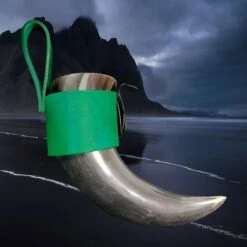 Viking Drinking Horn Leather Belt Hanger -The Viking Dragon bt green leather horn hanger on medium horn