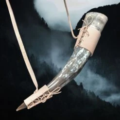 Handmade Leather Shoulder Strap For Viking Drinking / Blowing Horn -The Viking Dragon bt natural veg tan leather shoulder strap on medium horn