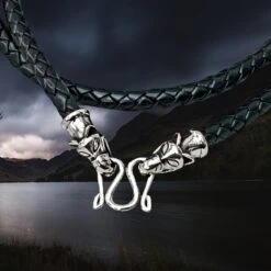 Braided Leather Necklace With Silver Icelandic Wolf Heads 8 Braided Leather Necklace With Silver Icelandic Wolf Heads -The Viking Dragon bt silver 5mm braided leather necklace icelandic wolf heads butterfly clasp