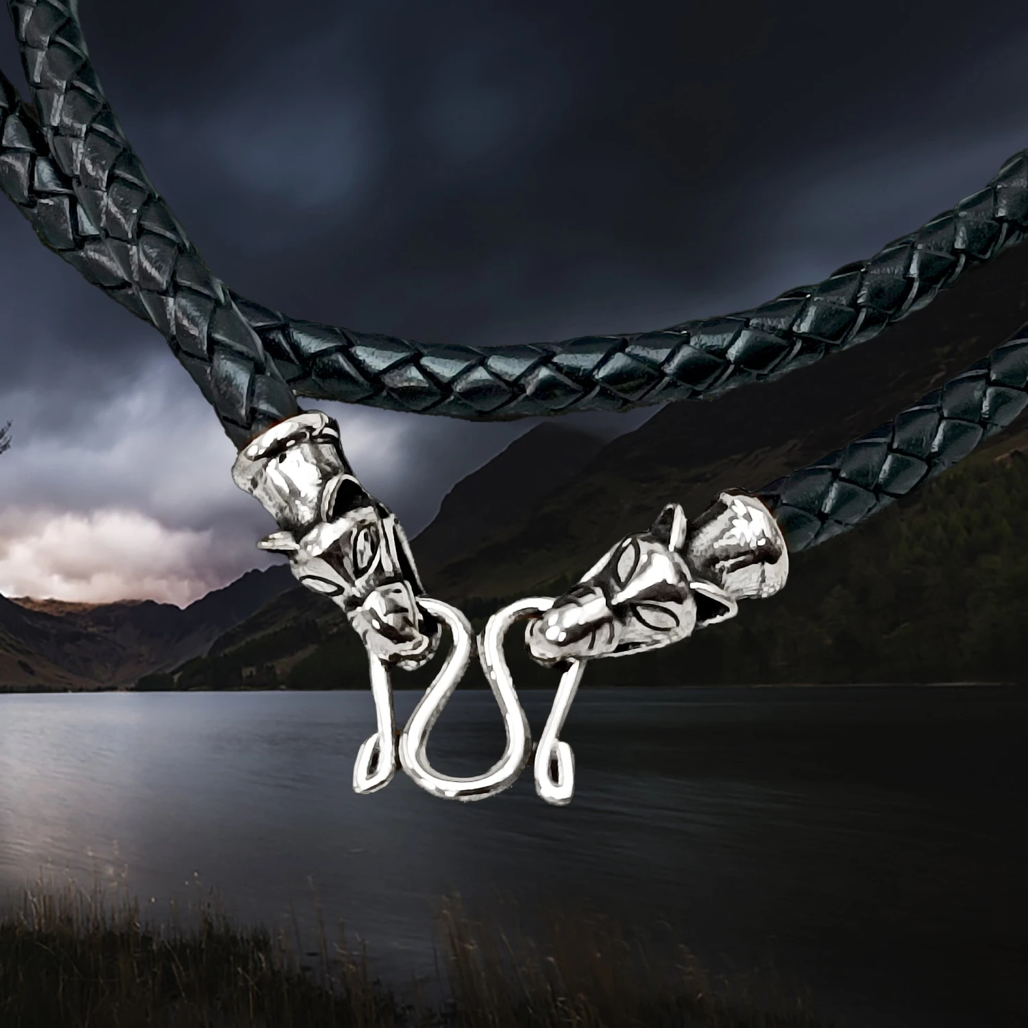 Braided Leather Necklace With Silver Icelandic Wolf Heads 5 Braided Leather Necklace With Silver Icelandic Wolf Heads - Image 3