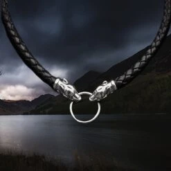 Braided Leather Necklace With Silver Ferocious Wolf Heads -The Viking Dragon bt silver 8mm braided leather necklace ferocious wolf heads split ring