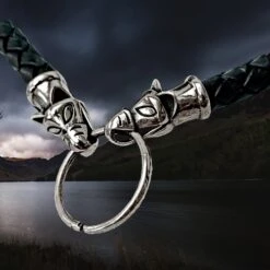 Braided Leather Necklace With Silver Icelandic Wolf Heads 9 Braided Leather Necklace With Silver Icelandic Wolf Heads -The Viking Dragon bt silver 8mm braided leather necklace icelandic wolf heads split ring