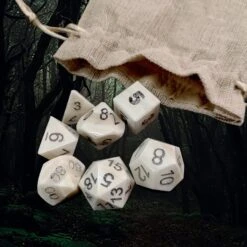 Full Set Of 7 Large Bone DnD Dice With Hessian Pouch