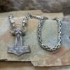 8mm Thick Silver King Chain Thors Hammer Necklace - Ferocious Wolf Heads 1 8mm Thick Silver King Chain Thors Hammer Necklace - Ferocious Wolf Heads -The Viking Dragon large silver filgree hammer with 8mm silver king chain ferocious wolf heads