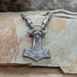 8mm Thick Silver Snake Chain Necklace - Ferocious Wolf Heads -The Viking Dragon large silver filgree hammer with 8mm silver snake chain ferocious wolf heads