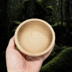 Small Hand Turned Wooden Bowl -The Viking Dragon mc small hand turned wooden medieval bowl 12cm in hand top view