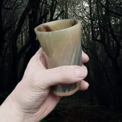 Horn Mead Cup With Wood Base 12 Horn Mead Cup With Wood Base -The Viking Dragon nc horn mead cup wooden base in hand beige mid sized striped cup