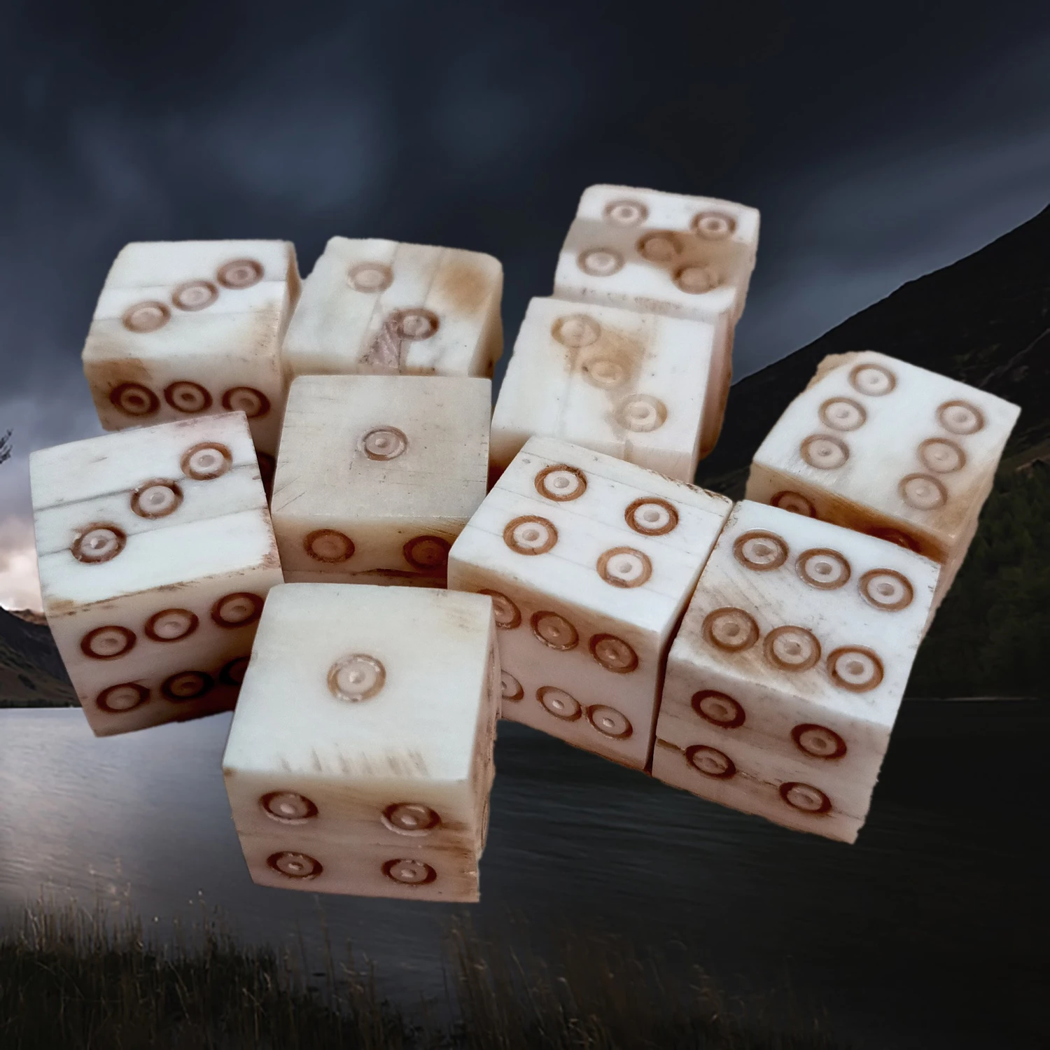 Large Bone Dice With Brown Dot And Rings Marks 3 Large Bone Dice With Brown Dot And Rings Marks