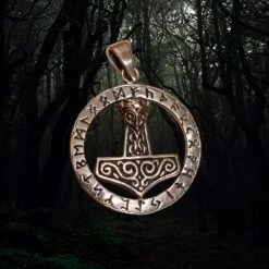 Round Bronze Runic Thors Hammer Pendant