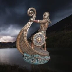 Large Resin Norse Viking Warrior Statue On Longship -The Viking Dragon nn resin halvor statue left side view