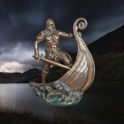 Large Resin Norse Viking Warrior Statue On Longship