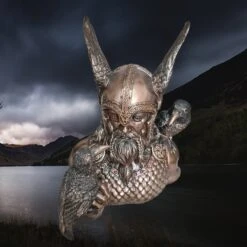 Large Resin Odin Bust Statue - Norse God Mythology -The Viking Dragon nn resin odin messenger statue bust with ravens above angle view