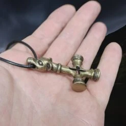 Large Brass Wolf Cross Thors Hammer Pendant -The Viking Dragon pc brass large wolf cross hammer on hand side view
