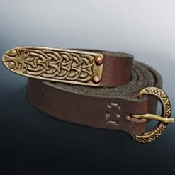 Large Bronze Borre Viking Strap End 6 Large Bronze Borre Viking Strap End -The Viking Dragon pc bronze large borre viking strap end on brown leather belt with bronze zig zag buckle