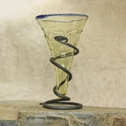 Blue Rim Decorated Glass Viking Cone Beaker With Iron Stand -The Viking Dragon sg decorated viking cone beaker with blue rim on rock