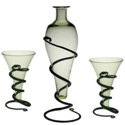 Viking Mead Bottle Set -The Viking Dragon sg handmade glass viking mead bottle on iron stand with plain viking cone glasses