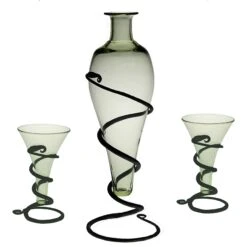 Viking Mead Bottle Set -The Viking Dragon sg handmade glass viking mead bottle on iron stand with plain viking cone mead glasses