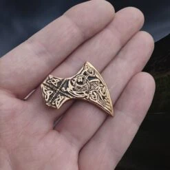 Bronze Knotwork Axe Head Pendant -The Viking Dragon sn bronze knotwork axehead pendant on hand