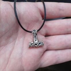 Small Bronze Interlace Thors Hammer Pendant -The Viking Dragon sn bronze small interlace thors hammer pendant on leather thong on hand