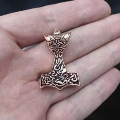 Bronze Wolf Thors Hammer Pendant -The Viking Dragon sn bronze wolf hammer on hand