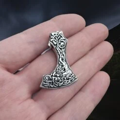 Silver Bearded Axe Head Pendant -The Viking Dragon sn silver bearded axe head pendant on hand