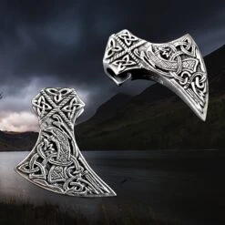 Silver Knotwork Viking Axe Head Pendant -The Viking Dragon sn silver knotwork axehead pendans front and angle view