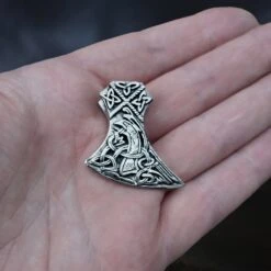 Silver Knotwork Viking Axe Head Pendant -The Viking Dragon sn silver knotwork axehead pendant on hand