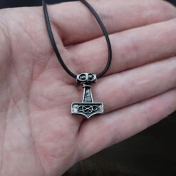 Small Silver Thunder Thors Hammer Pendant -The Viking Dragon sn silver small thunder hammer viking pendant on leather thong on hand