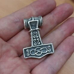 Large Silver Thors Thunder Hammer Pendant -The Viking Dragon sn silver thunder hammer on hand back view