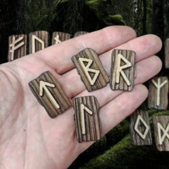 Elder Futhark Wooden Rune Set In Leather Pouch -The Viking Dragon wl wooden elder futhark runes on hand and below