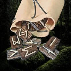 Elder Futhark Wooden Rune Set In Leather Pouch -The Viking Dragon wl wooden elder futhark runes with medium leather pouch close up